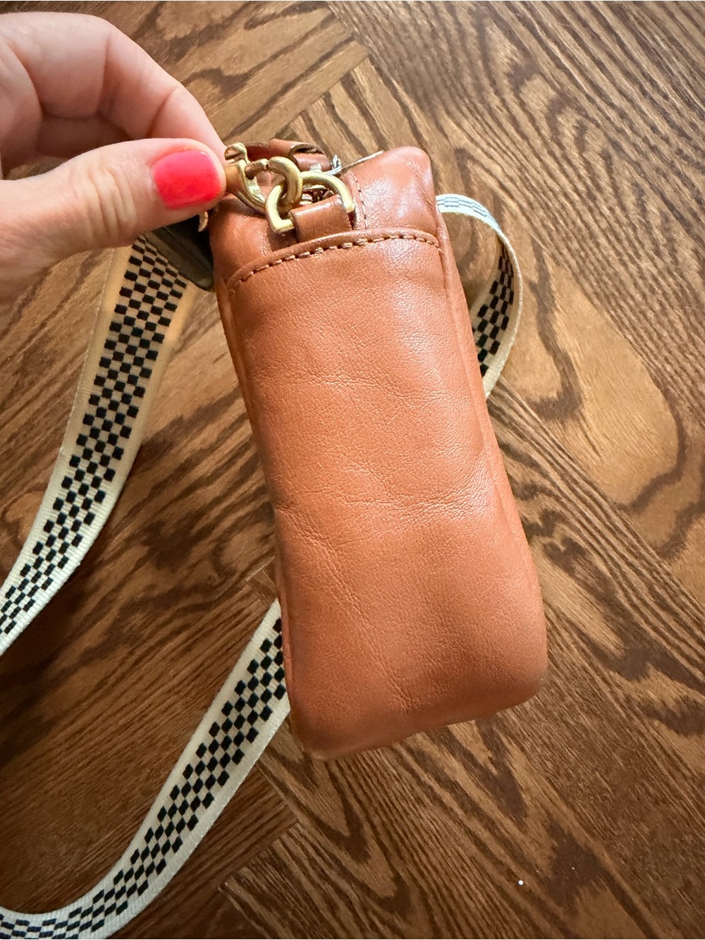 Clare V Midi Sac in Tan with Stripes and Checkered Crossbody Strap - Picture 8 of 12